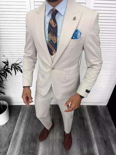 Costum barbati slim fit, bej, 3 piese, 13346